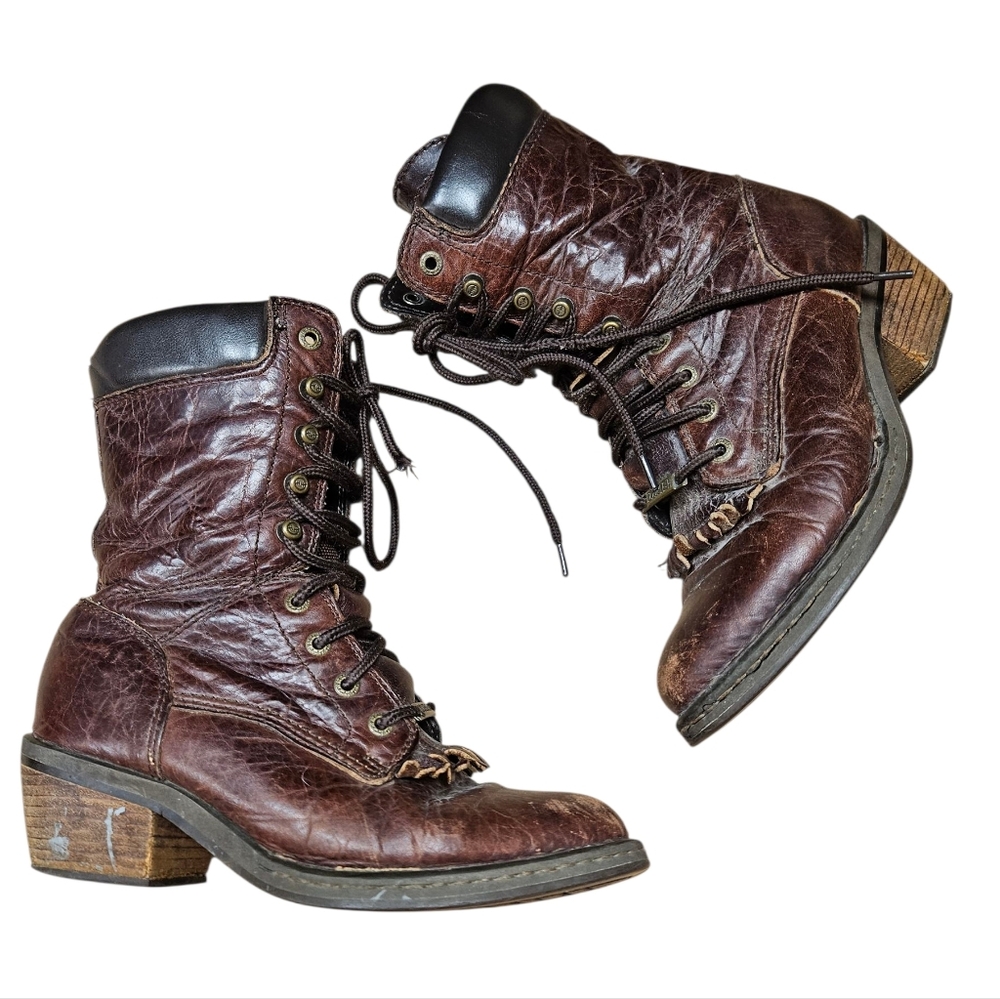 Double H Women's 6.5 M Brown Leather Lace Up Western Riding Work Heel Boots